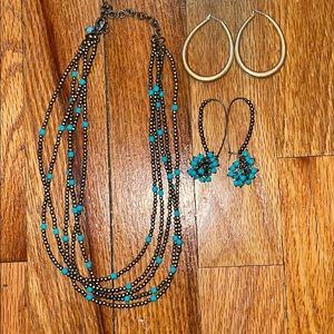 Matching Blue Beaded Layered Necklace and Earrings